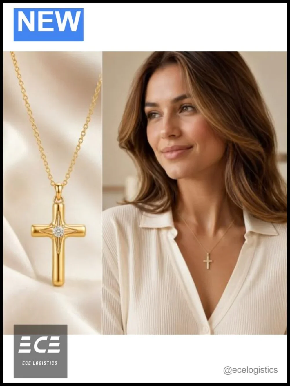 Compass Cross Pendant Necklace Gold Plated Brass Crystal 18 Inch